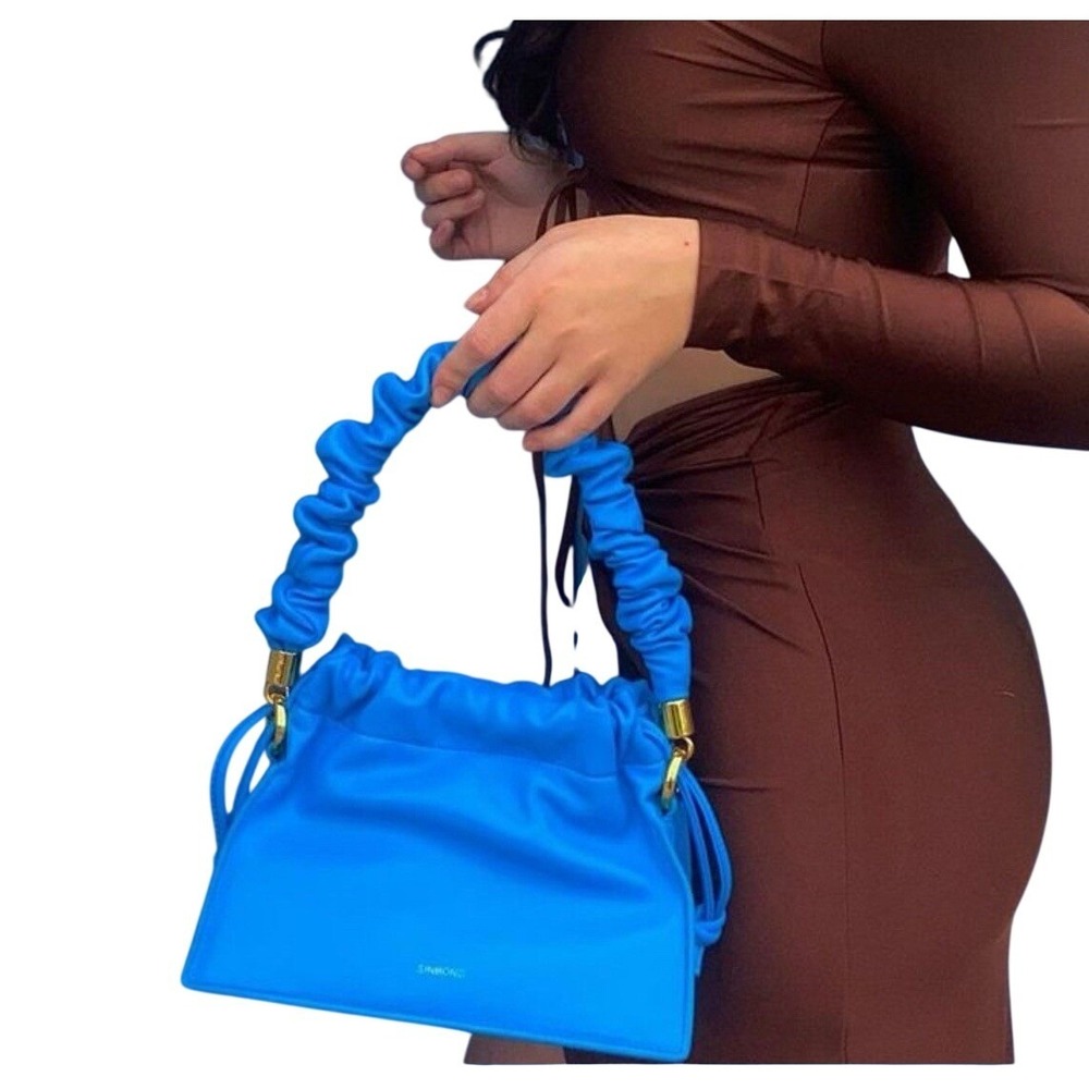 SINBONO Blue Vegan Leather Drawstring Shoulder Bag Scrunchi Handle Gold Hardware